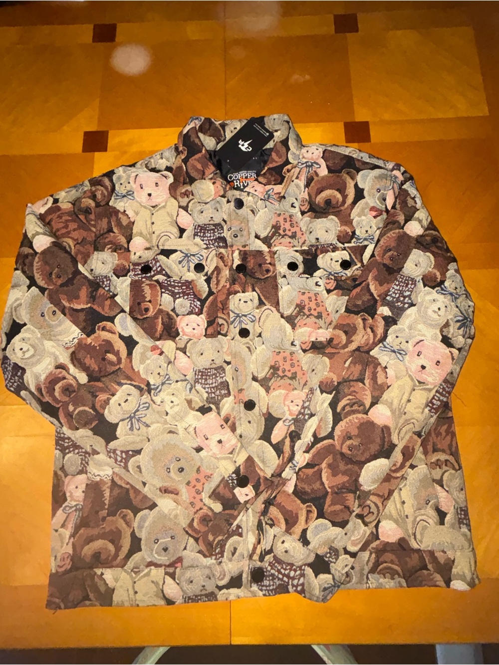 Copper Rivet Teddy Print Military-Style Jacket - Brown Multi